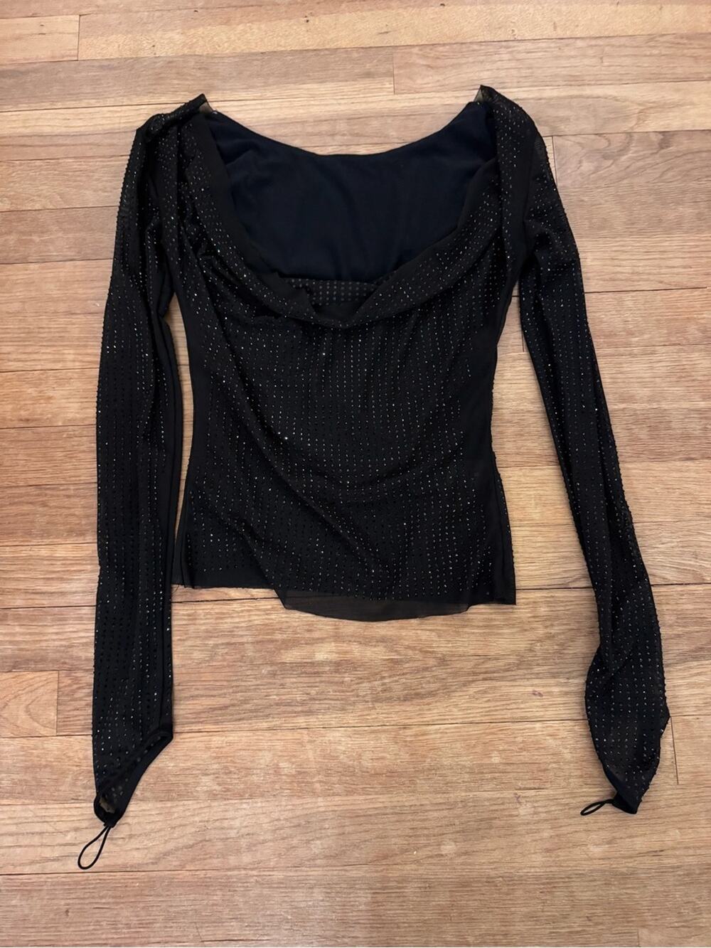 Women's Black Sparkle Long Sleeve Draped Neck Top - Size Small
 b63